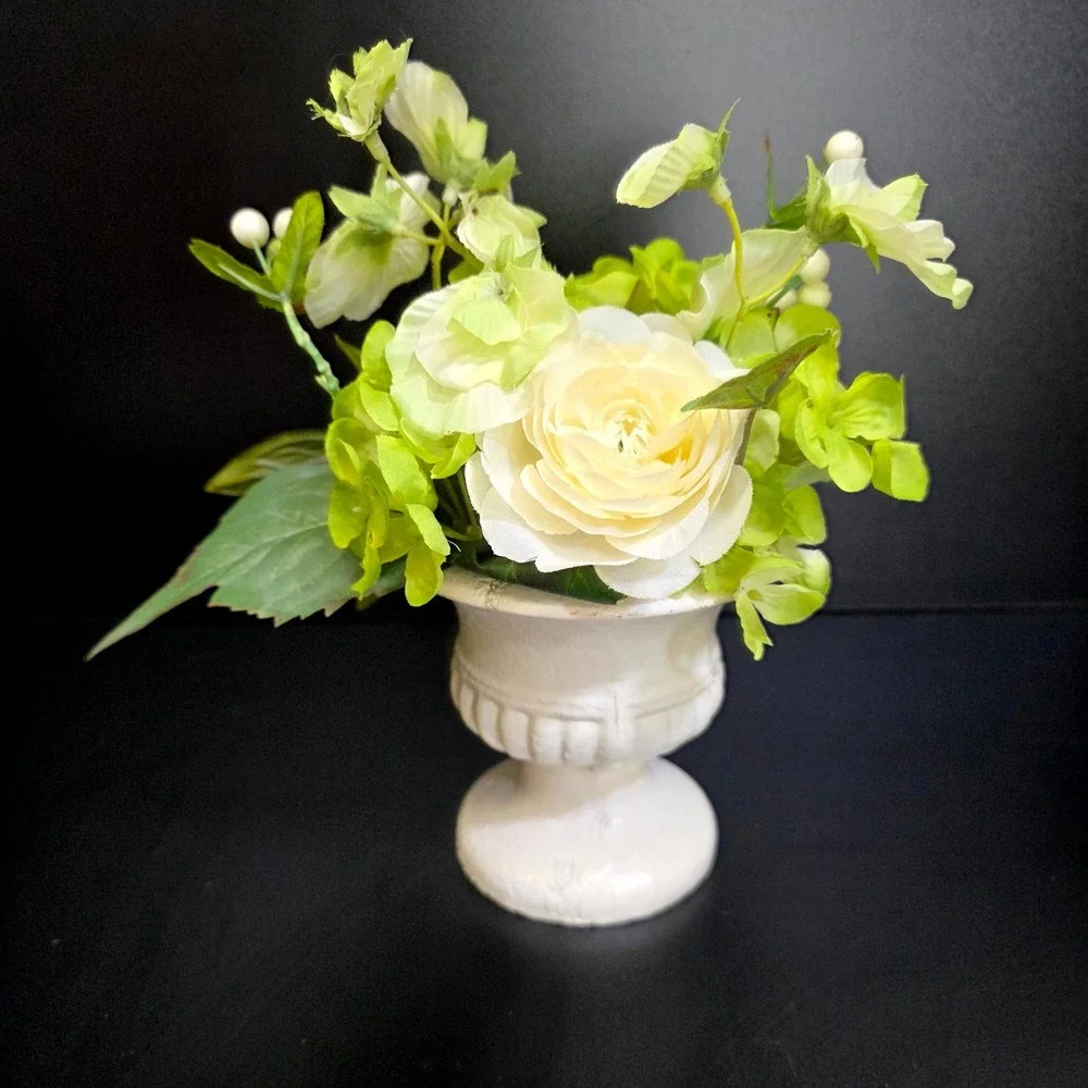 Unbranded Floral Arrangement Unisex Small White Green Faux Rose Hydrangea Urn